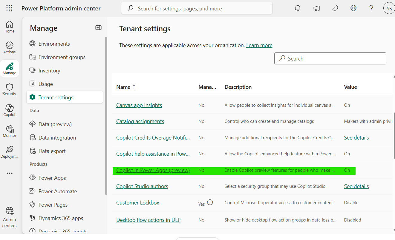 Tenant settings with Copilot in Power Apps (preview) set to On