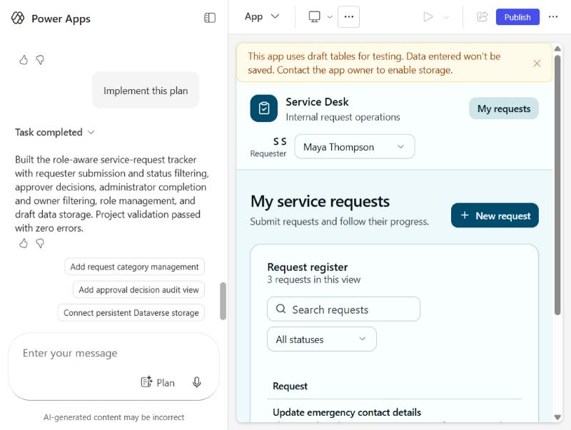 The workspace after the build, with Publish in the top bar
