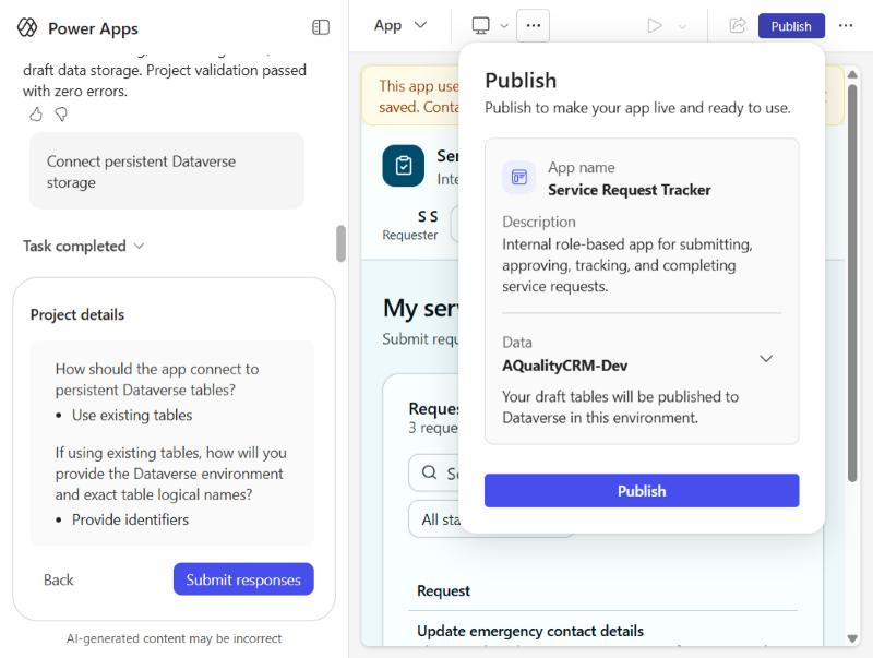 The Publish dialog with Draft and the Dataverse environment as options