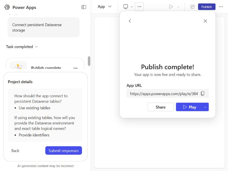 The publish complete screen