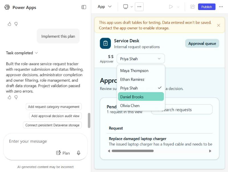 The user switcher with the sample users