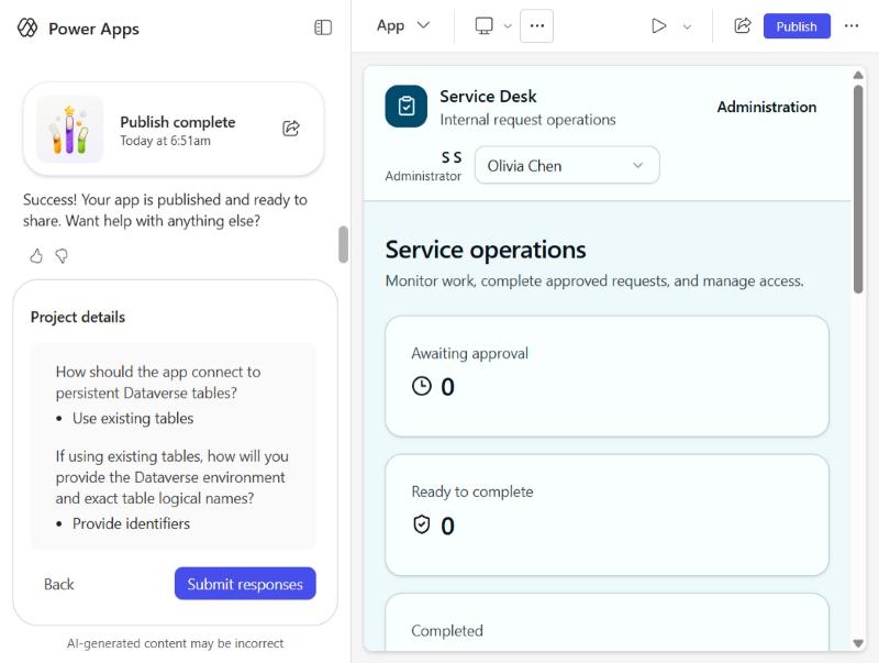 The administrator view after publishing, with zero counts